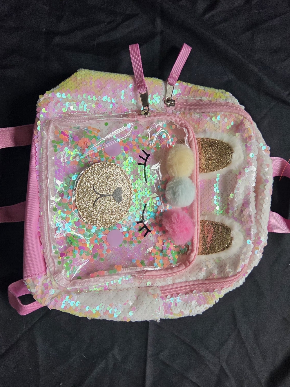 Cat & Jack Pink Sequin Unicorn Pom-Pom Kids Backpack